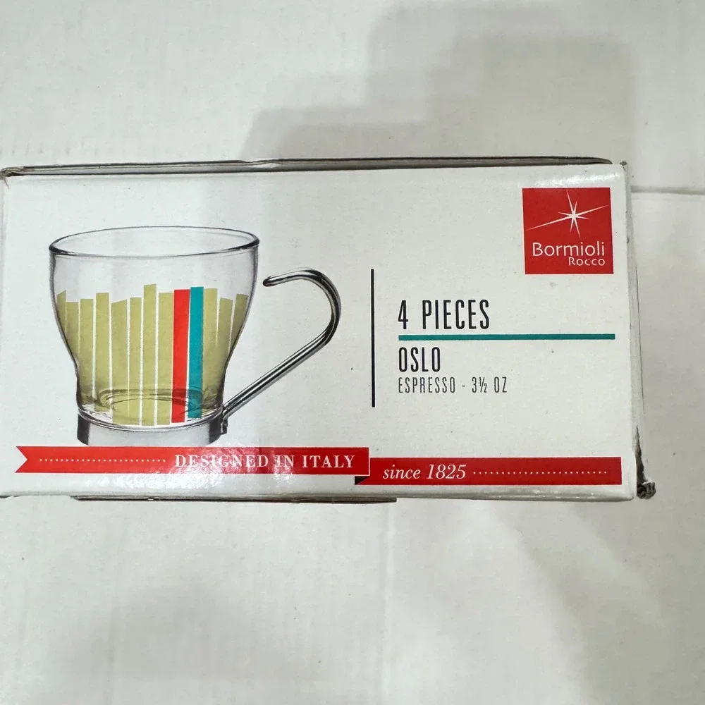 Bormioli Rocco Oslo‎ Espresso Cups 4 Tempered Glass Stainless Steel 3.5oz SPAIN